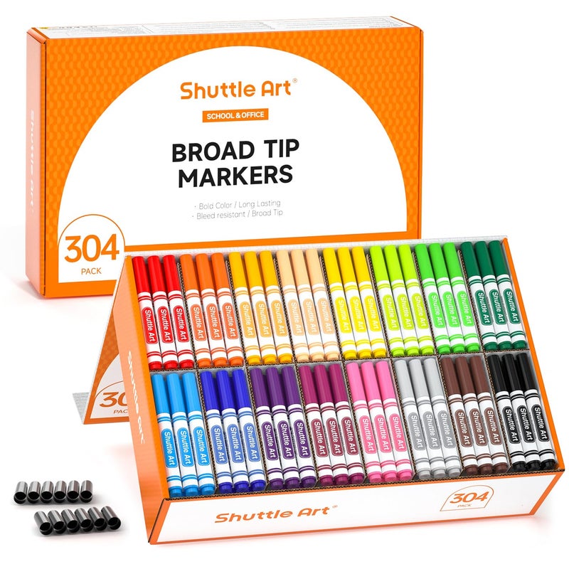 Shuttle Art 304 Pack Washable Markers, 16 Assorted Colors Broad Line Conical Tip Large Markers Bulk with a Box, Bonus Caps, Home Classroom School Supplies for Toddlers Kids Adults Students Teachers - Image 1